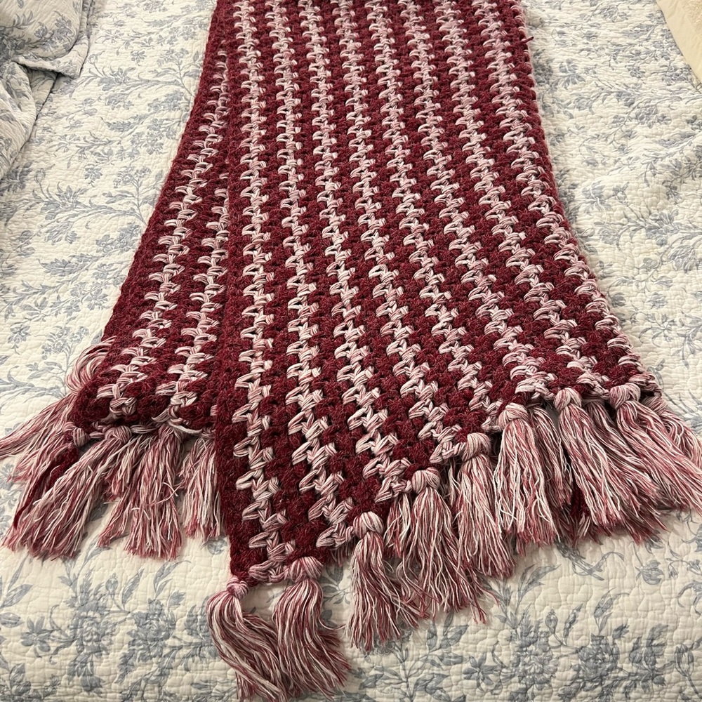 CROCHETED BLANKET BURGUNDY AND WHITE SOFT HANDMADE